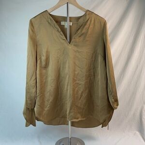 Michael Kors Women Tan Satin V-Neck Long Tie Sleeve Blouse Size M